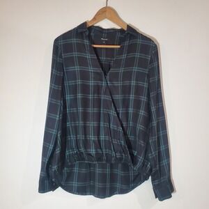 Madewell Flannel Shirt Women Med Black Green Plaid Faux Wrap Collar Long Sleeves